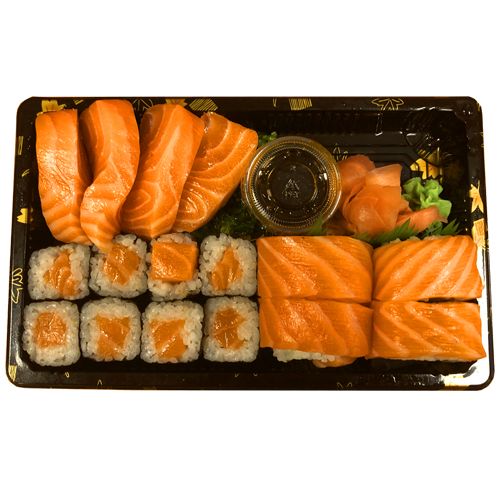564. Set 16ks: Losos maki (8 ks), skin roll losos (4 ks), sashimi losos (4 ks)